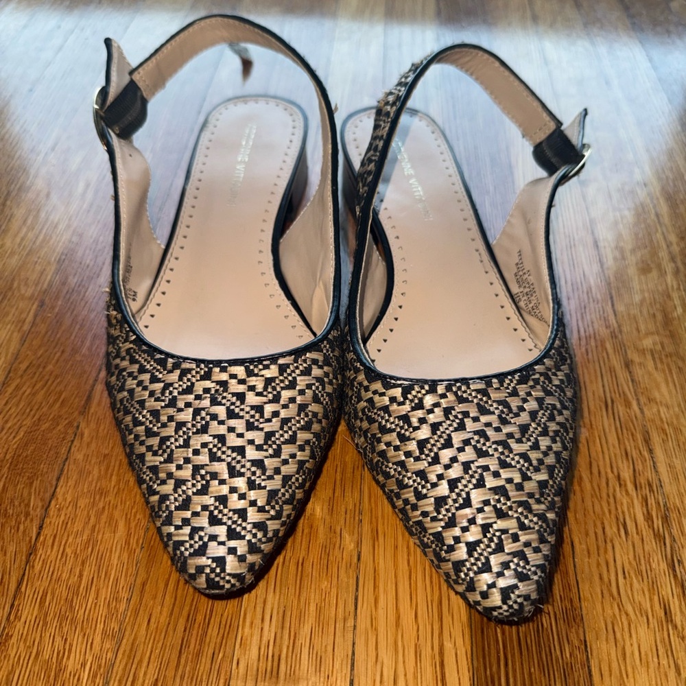 Adrienne Vittadini Black and Cream Woven Pointed Slingback Flats